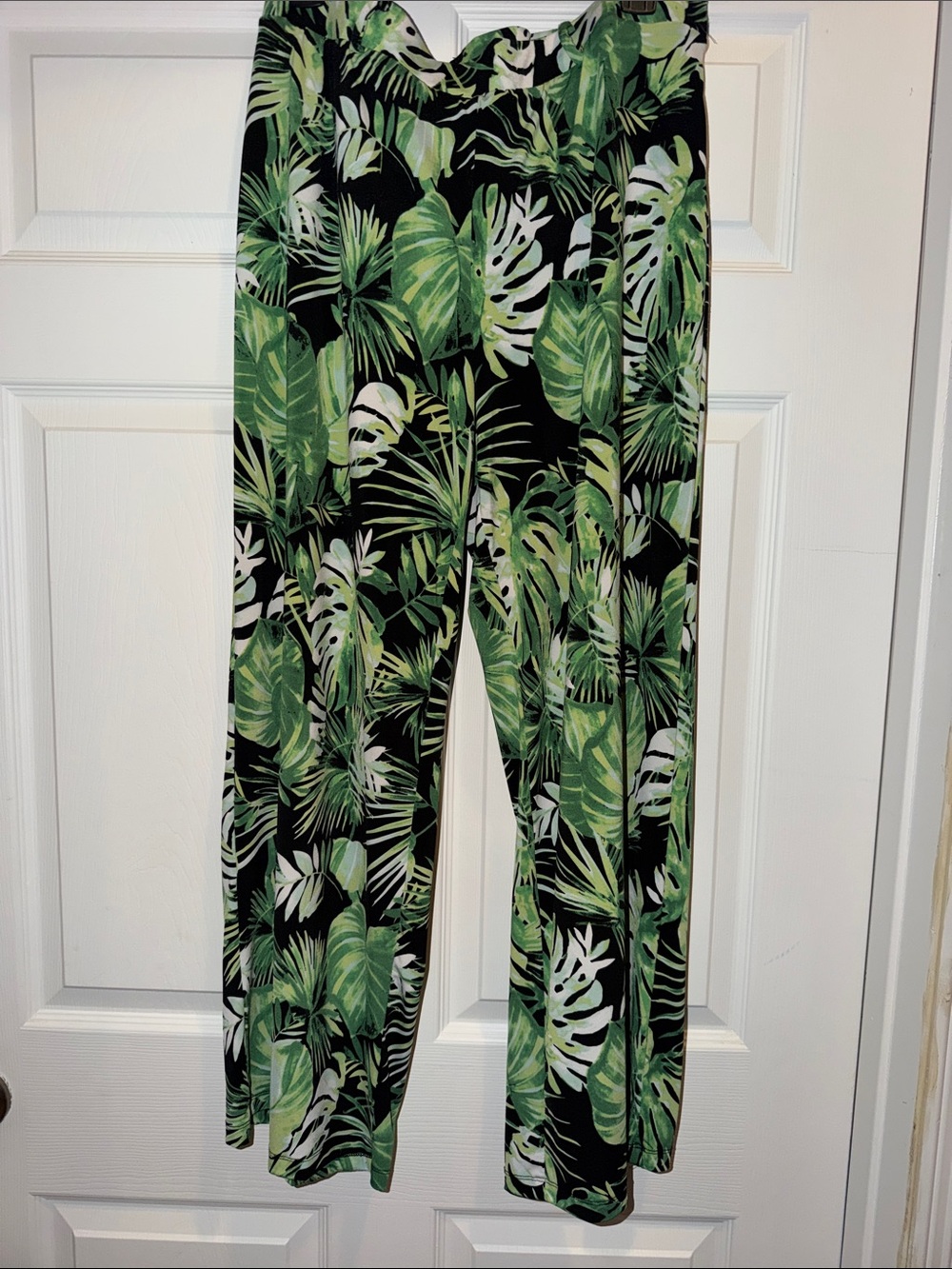 Joan Vass Black with Green Tropical Leaf Print wide leg pants